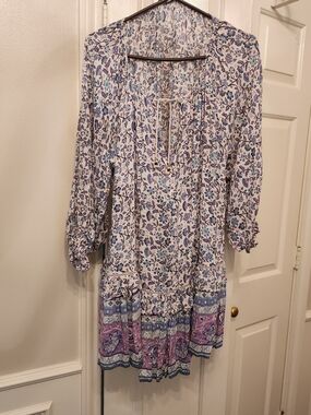 Spell White and Lavender Dalalia Floral Long Sleeve Dress Med